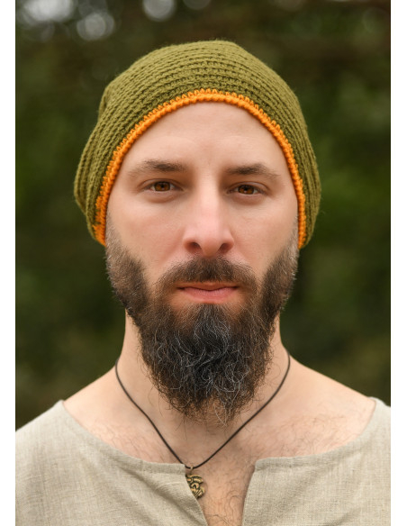 Gorro de lã crochê, verde-amarelo