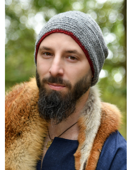 Gorro de lã crochê, cinza-vermelho