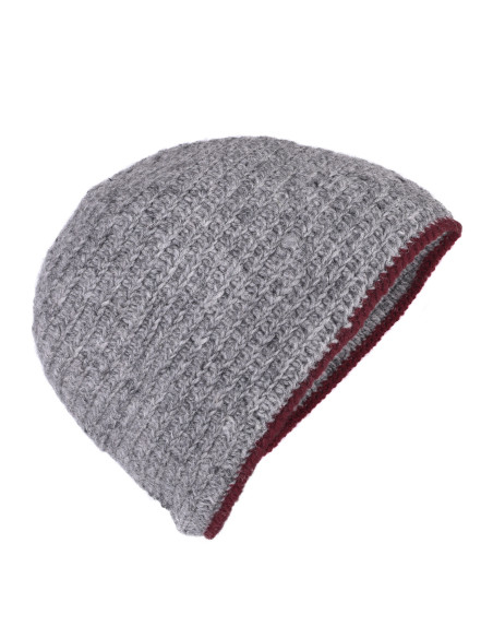 Gorro de lã crochê, cinza-vermelho
