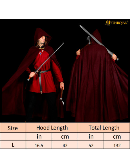 Capa medieval em lã com capuz e fecho
