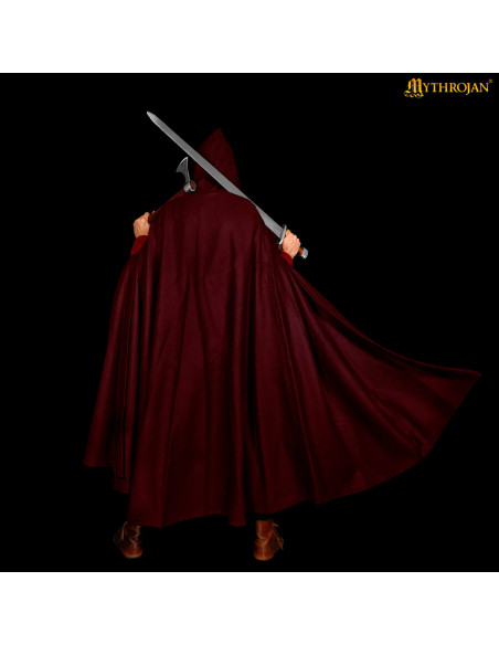 Capa medieval em lã com capuz e fecho