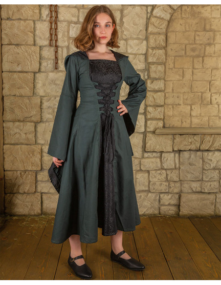Vestido medieval Ofélia em verde-preto