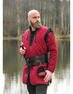 Gambesão medieval vermelho-preto, mangas destacáveis