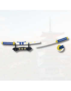 Katana decorativa em miniatura com suporte, cor azul-branco