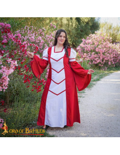 Vestido medieval da Donzela Isabel, branco-vermelho