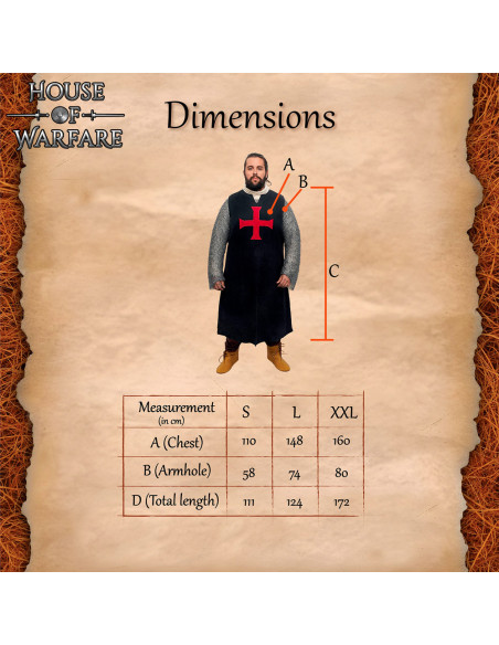 Tabardo medieval de cruzado, cor preta