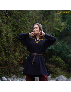 Túnica medieval de algodão com gola bordada de manga longa