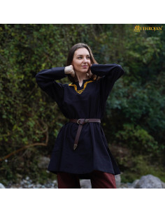 Túnica medieval de algodão com gola bordada de manga longa 2