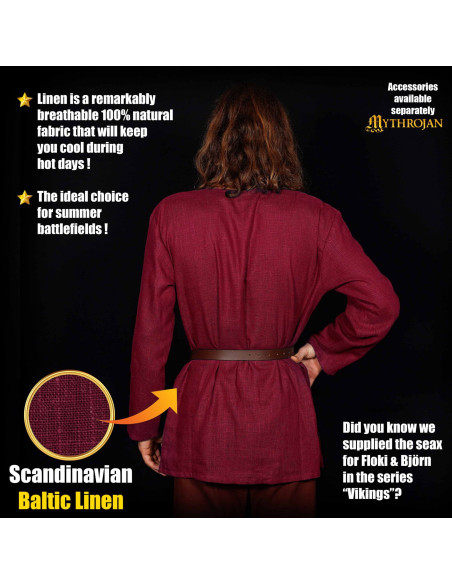 Túnica vikinga de linho, cor vermelho...
