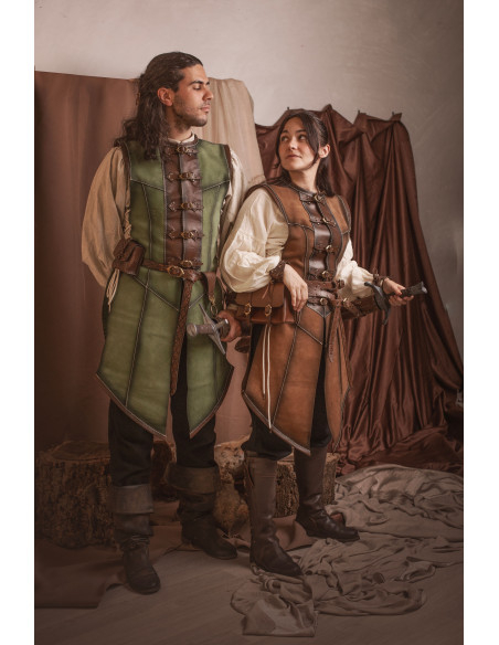 Coura medieval longa verde em pele de...